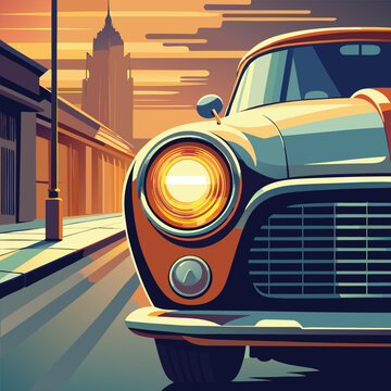 Classic Vintage Car Front View at Sunset on a Retro City Street Illustration
