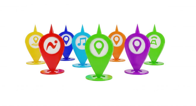 Group of colorful glossy map pins with various white isolated on a black background representing navigation and digital location services