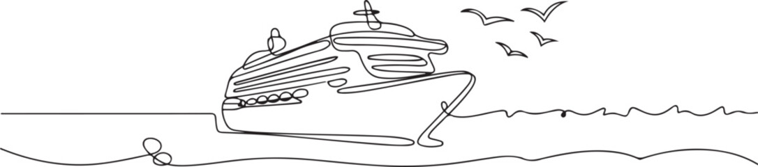 Continuous one line drawing of Cruise ship sailing in the sea. Cruise ship in single line draw illustration.one line Art icon drawing vector © Hasho 