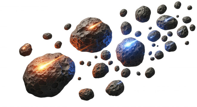 Group of rocky asteroids floating in deep space with glowing orange and blue light streaks across textured cratered surfaces on black background