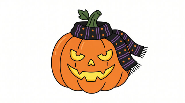 Cute mischievous pumpkin face with witch scarf Halloween flat color clip art illustration