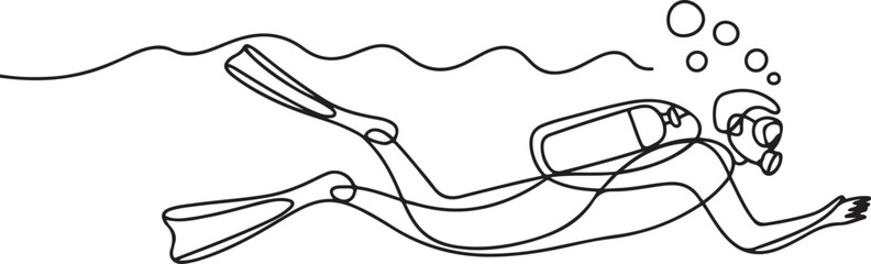 Obraz premium Continuous one line drawing of scuba diver diving in underwater.one line Art icon drawing vector