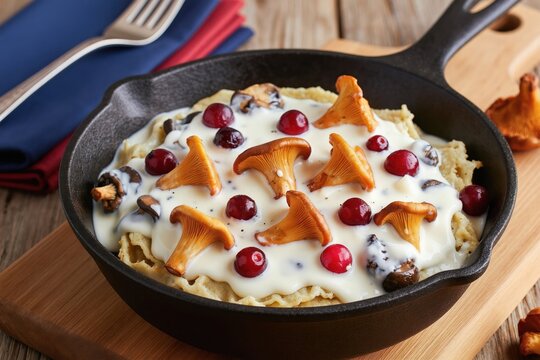 Potato pancakes dranik with chanterelle mushrooms and cranberries. Creamy sauce covers tasty fried fritters. Rustic meal served in cast iron pan, fork on table.