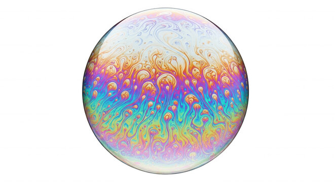 Iridescent soap bubble sphere with swirling liquid rainbow patterns and fluid organic shapes isolated against a solid black background