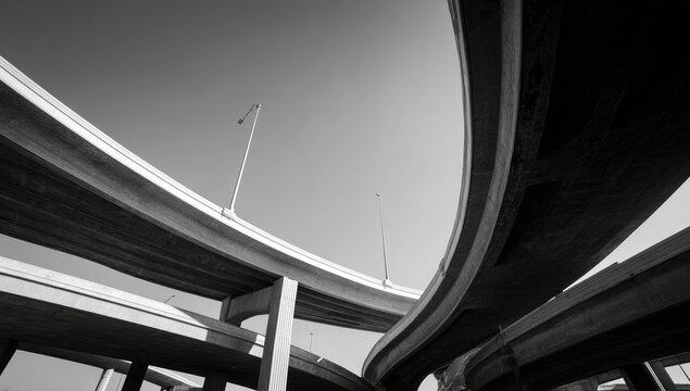 Abstract view of a complex highway interchange curving against a clear sky