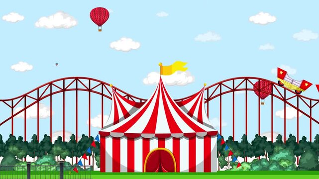 Animated cartoon background of a circus with a roller coaster and hot air balloons, playful motion.