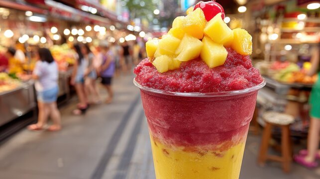 Vibrant Fruit Smoothie at Market: A tantalizing fruit smoothie, layered with colorful fruit purees and topped with diced mango and a cherry.