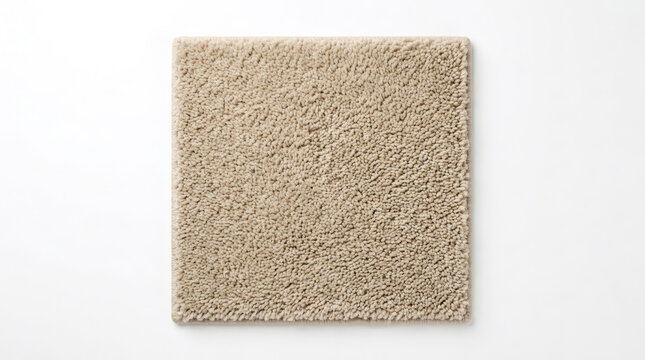 Beige carpet square sample isolated on white background, top view of textured flooring material