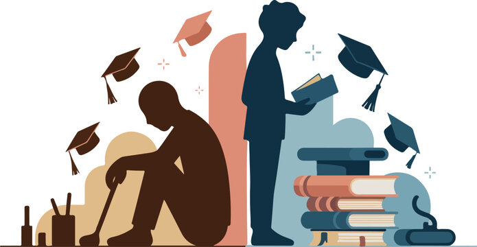 Educational gap concept showing student struggle versus academic success with books graduation caps and human silhouettes