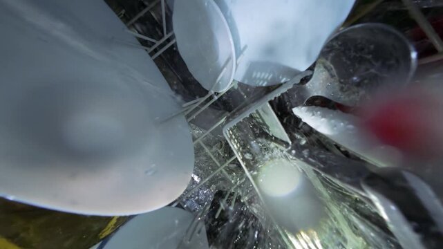Top Down View from Rotating Arm Inside Dishwasher with Water Spray