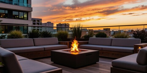 Obraz premium Modern rooftop patio with sofas and fire pit at sunset. Urban city view with warm orange sky. Outdoor living space for relaxation and entertainment.