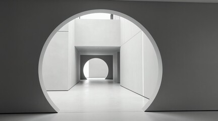 Fototapeta premium Modern interior hallway with circular archways. Clean, empty, bright space with white walls and polished concrete floor. Architectural perspective leads to unseen area beyond.