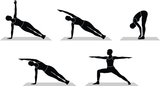 Yoga, woman, silhouette, collection, set, of, five, poses, including, side, plank, warrior, and, forward, fold, for, fitness, wellness, health, design