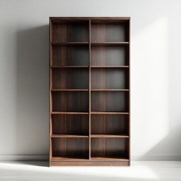 A dark wood bookshelf with multiple empty shelves stands against a white wall