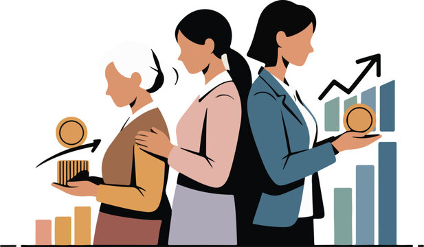Three generations of business women standing together with financial growth charts and money coins showing female success