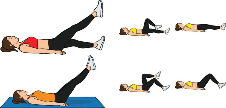 Fitness, woman, performing, leg, raises, and, abdominal, crunches, on, a, mat, for, core, strength, and, healthy, lifestyle, vector, illustration, set.