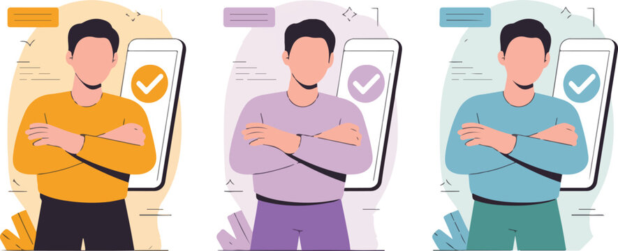 Three stylized characters standing with crossed arms beside giant smartphones displaying check mark success confirmation
