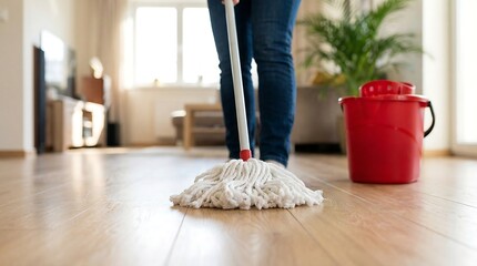 Fototapeta premium Person cleaning hardwood floor with wet mop and red bucket in bright living room interior during regular maintenance routine for maintaining clean and hygienic domestic environment
