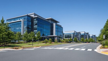 Obraz premium Modern glass office buildings line a tree-lined street under a clear blue sky