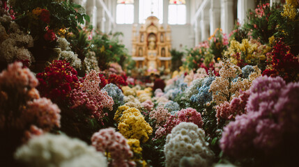 Fototapeta premium Vibrant Flores de Mayo flowers fill the church with colorful blooms and lush greenery on display