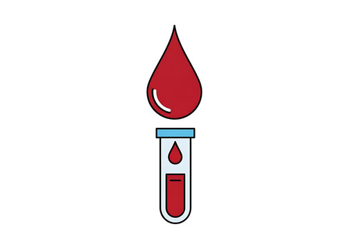 Blood test icon with red drop and test tube, isolated on transparent background.