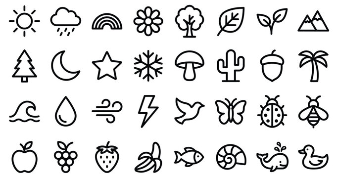 Minimalist Nature Line Art Icon Set with Sun, Rainbow, Tree, Leaf, Mountain, Butterfly and Wildlife Icons