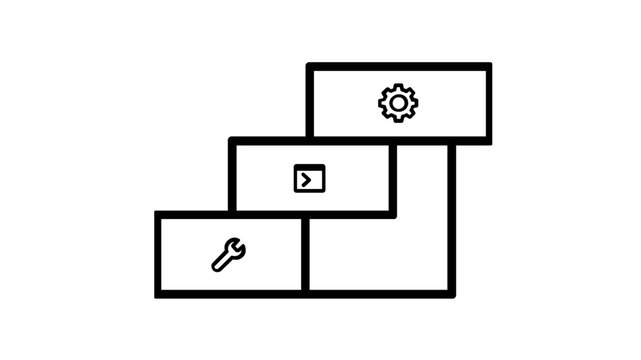 Minimalist vector icon illustration of a PaaS Platform as a Service layered architecture showing developer tools with wrench, terminal, and gear icons for cloud software engineering and dev.