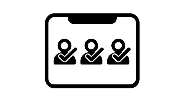 Vector illustration of a minimalist clipboard icon featuring three user avatars with checkmarks, representing an editorial board, team selection, verified members, or recruitment process.