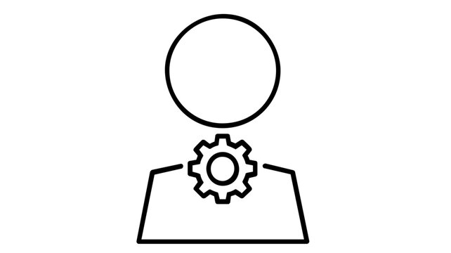 Minimalist vector icon illustration of a human silhouette with a gear, representing a robo-advisor,, automated user profile, technical support, or digital assistant.
