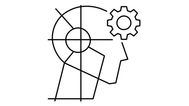 Minimalist vector icon illustration of a robot head profile with a gear, representing, robo-advisor technology, machine learning, automation, and digital brain power.