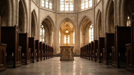 Corpus christi background with a golden monstrance in church.