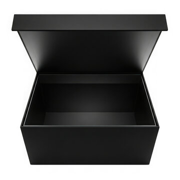 Black open box with lid on transparent background for storage or packaging needs