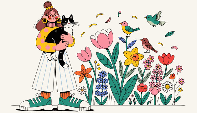 Girl holding black cat in blooming flower garden with birds, cute spring illustration, friendship with pets and nature concept