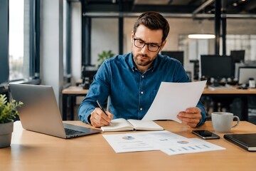 Fototapeta premium Focused businessman reviewing blank document and taking notes in modern office workspace