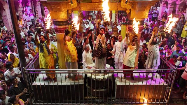 Aerial view of evening Yamuna Aarti at Vishram Ghat, Mathura, Uttar Pradesh, India