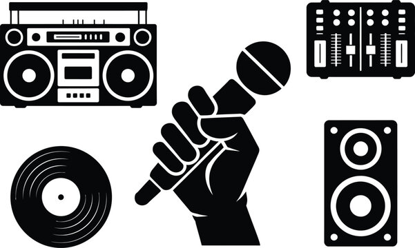 Dj equipment and music symbols silhouette disc jockey hip hop black and white microphone silhouette illustration recording broadcast performance entertainment equipment collection