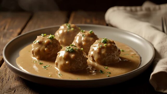 Swedish meatballs with gravy on a plate with creamy sauce and herbs served on rustic