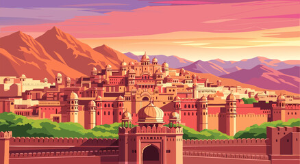 Vibrant vector illustration of an ancient Indian city at sunset with majestic forts and palaces, a true masterpiece of cultural heritage © Purnomo