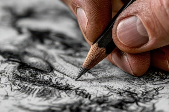Close-up of a hand holding a graphite pencil, drawing intricate details onto a textured paper surface.