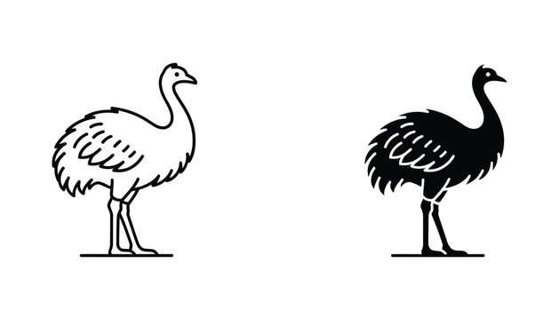 Flightless emu bird icon set in outline and solid black style for wildlife and Australian nature design