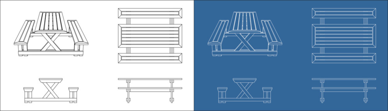 Picnic Table and Bench Multi-View Set with Isometric and Orthographic Technical Drawing Blueprint