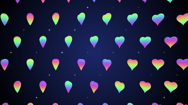 Spinning glass rainbow hearts pattern on blue background, LGBT pride