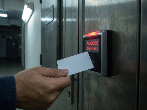 Person holding key card to electronic door lock with access denied message