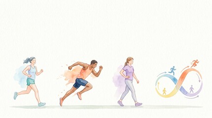 Fototapeta premium Three people walk, jog, and sprint, illustrating a continuous cycle of physical activity