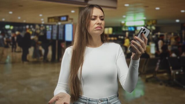 Woman holding phone to ear and gesturing with hand in a busy airport terminal amid boarding gates, illuminated flight information screens and seating areas; frustration.