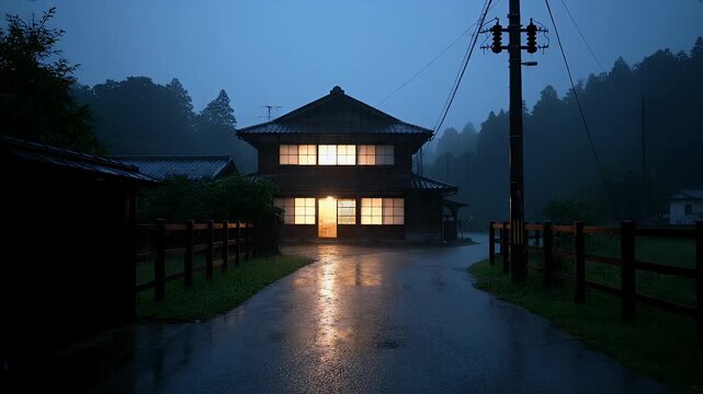 Traditional Japanese house with glowing windows on a rainy night in a rural village.