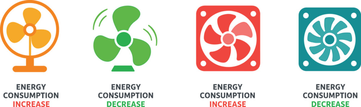 Energy consumption decrease and increase icons showing fans and cooling systems for technology and electricity concept.