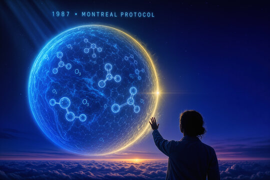 1987 Montreal Protocol ozone layer sphere with holographic O3 molecular structures scientist silhouette reaching toward healing atmosphere international day awareness
