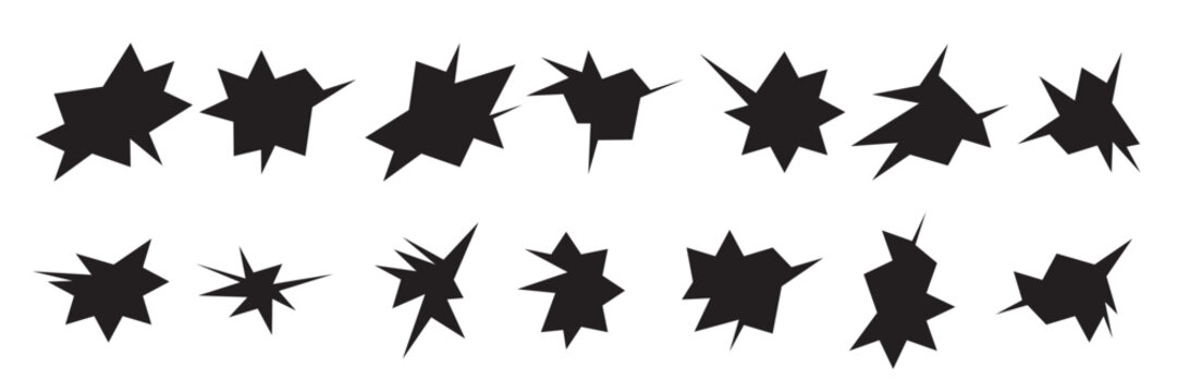 Set of odd irregular star shaped sticker. Asymmetry spiky geometric elements. Abstrackt funky sparks or cracks. Vector illustration