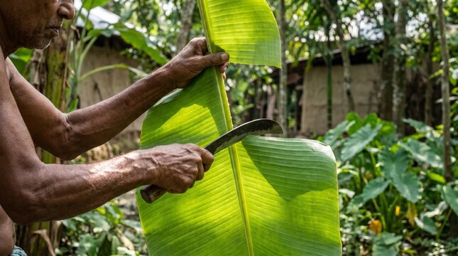 Senior Bangladeshi Farmer Cutting Fresh Green Banana Leaf with Dao Machete in Rural Garden; Musa acuminata Agriculture Lifestyle.